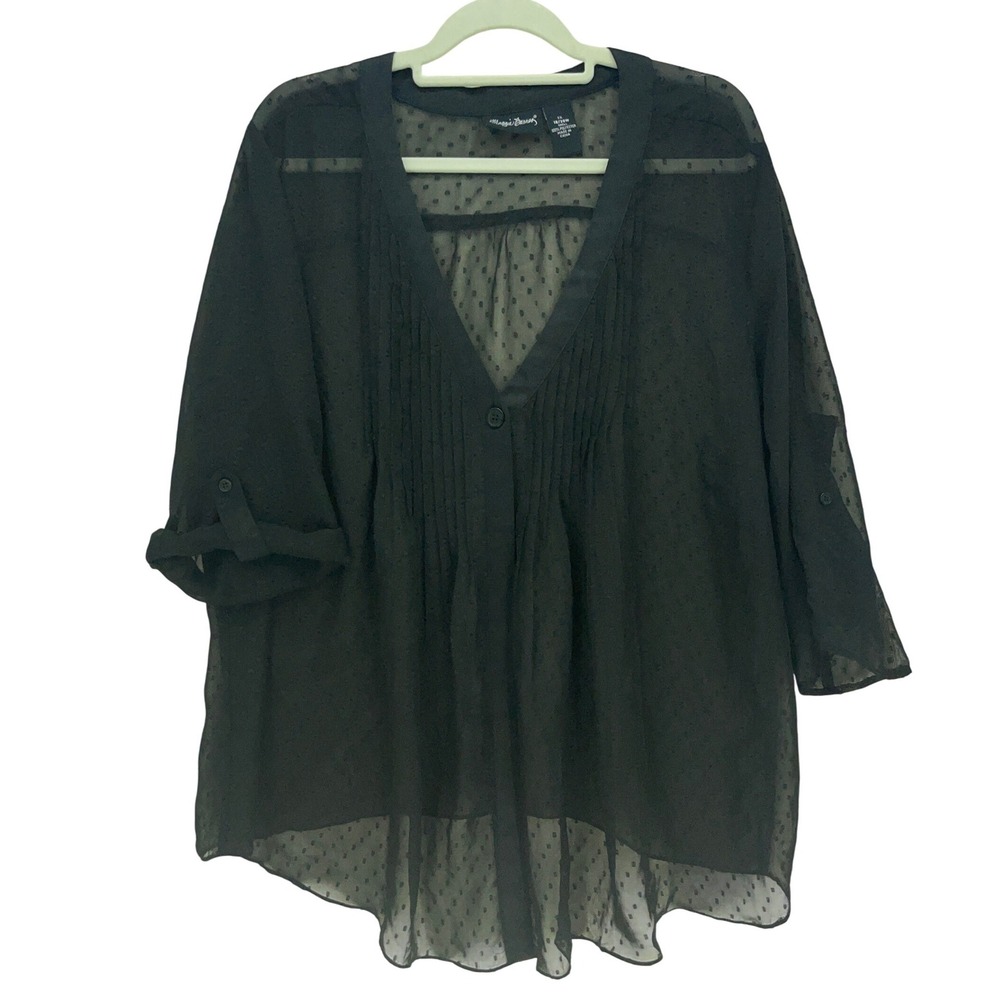 Maggie Barnes Black Swiss Dot Sheer Blouse 1X Pintuck Pleated Roll Tab Sleeve